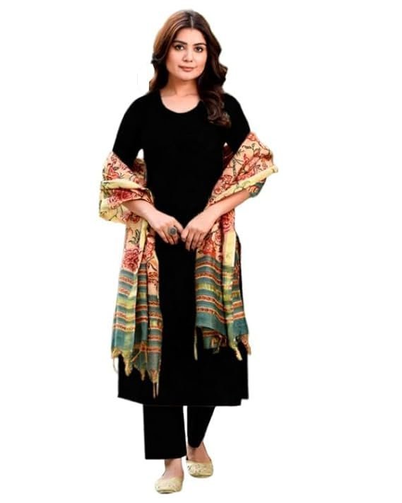 ANNI Designer Women's Rayon Viscose Straight Solid Kurta with Pant & Dupatta Black & Green
