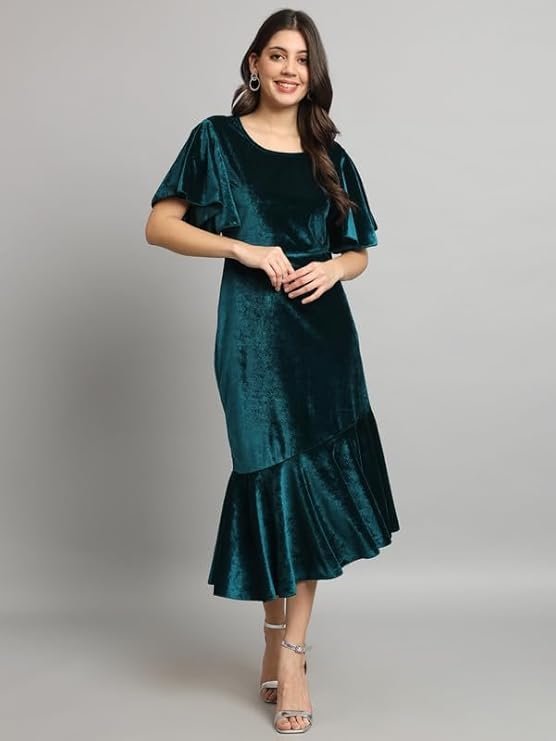 Vaararo Bodycon Party Dress for Women Ruffles Sleeves | Shiny Velvet Fabric Fish Cut Ruffle Bottom Detailing Stylish Casual Outfit Rama Green