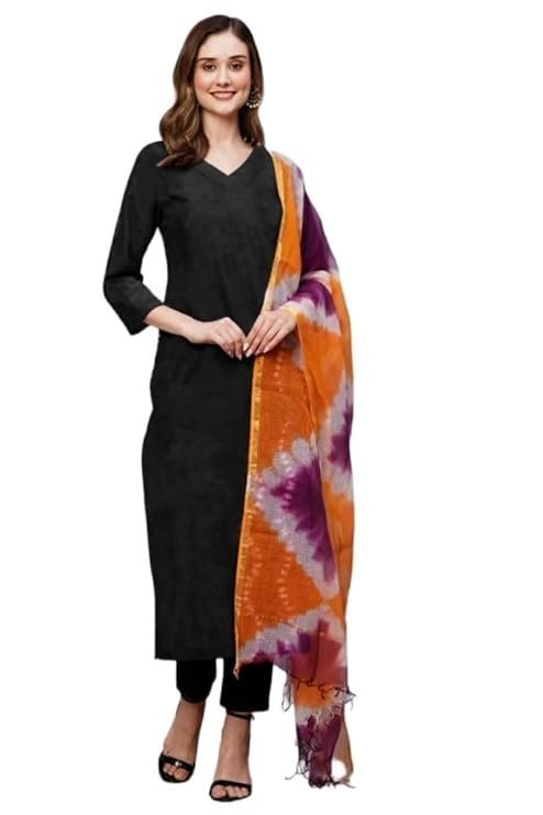ANNI Designer Women's Rayon Viscose Straight Solid Kurta with Pant & Dupatta Black & Orange