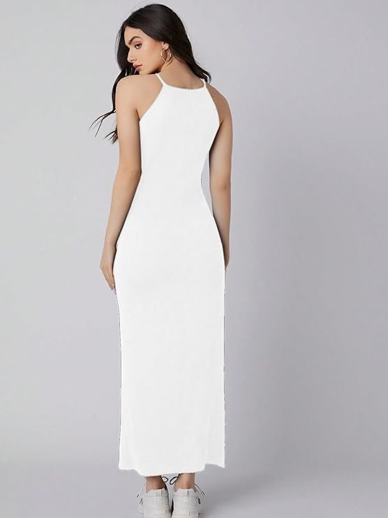 Aahwan Solid Halter Neck Solid Bodycon Midi Dress for Women's & Girl's White - Image 2