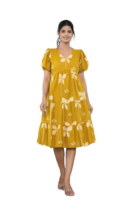 ROYALICA Women's Pure Cotton Maxi Midi Dress Western Dress for Women Elegant Floral Printed Long Dresses | Soft & Breathable Fabric | Casual Trending Dress for Women Mustard