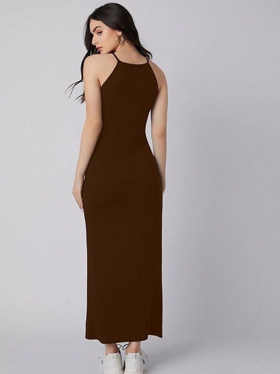 Aahwan Solid Halter Neck Solid Bodycon Midi Dress for Women's & Girl's Brown - Image 2