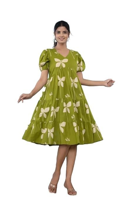 ROYALICA Women's Pure Cotton Maxi Midi Dress Western Dress for Women Elegant Floral Printed Long Dresses | Soft & Breathable Fabric | Casual Trending Dress for Women Green