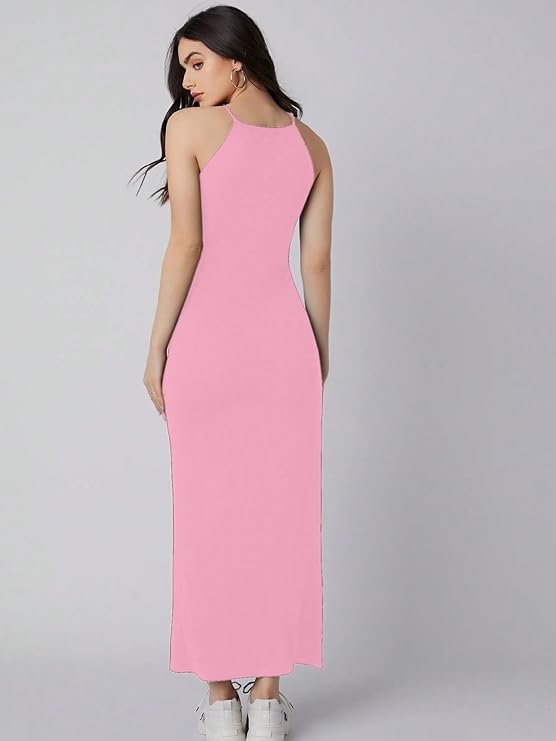 Aahwan Solid Halter Neck Solid Bodycon Midi Dress for Women's & Girl's Pink - Image 2