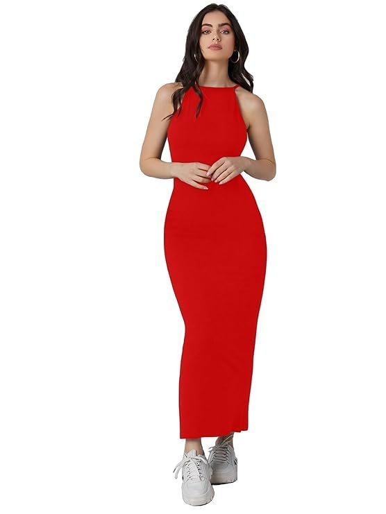 Aahwan Solid Halter Neck Solid Bodycon Midi Dress for Women's & Girl's Red