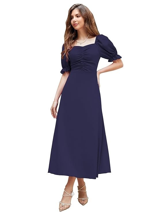 Shasmi Girl's & Women's Solid A-Line Ruched Puff Sleeve Maxi Long Evening One Piece Long Dress for Women Stylish (Dress 131) Navy Blue