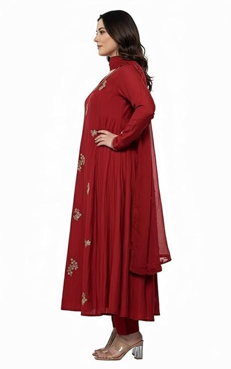 KLOSIA Women Embroidery Solid Anarkali Kurta and Pant Set with Dupatta Red - Image 2