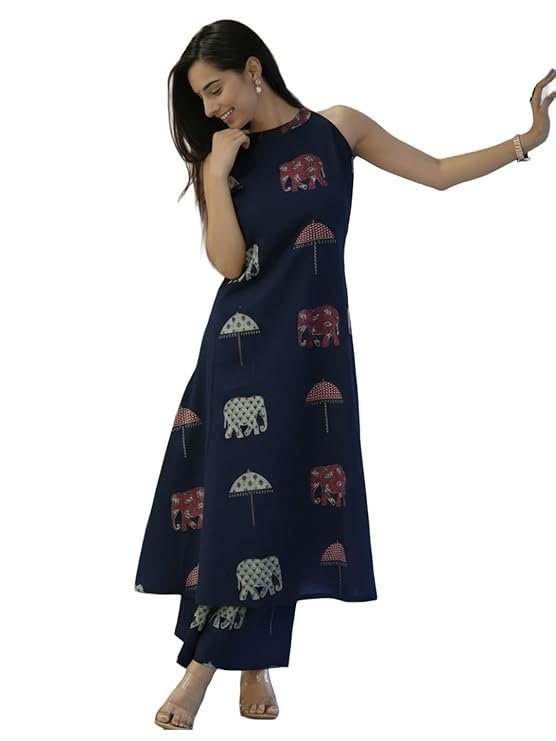 ANNI DESIGNER Women's Ethnic Co-Ord Set | Kurta Pant Set | Kurta Palazzo Set | Stylish Cotton Suit Set for Women, Festival Co-ord Set Blue