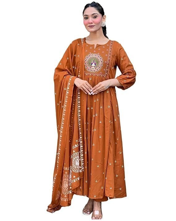 KLOSIA Women Rayon Printed Anarkali Kurta Set with Dupatta Rust