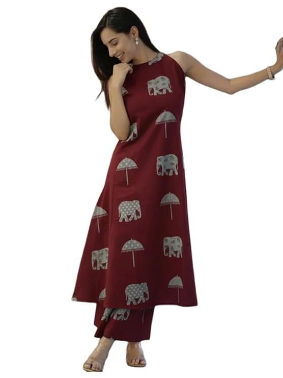 ANNI DESIGNER Women's Ethnic Co-Ord Set | Kurta Pant Set | Kurta Palazzo Set | Stylish Cotton Suit Set for Women, Festival Co-ord Set Maroon