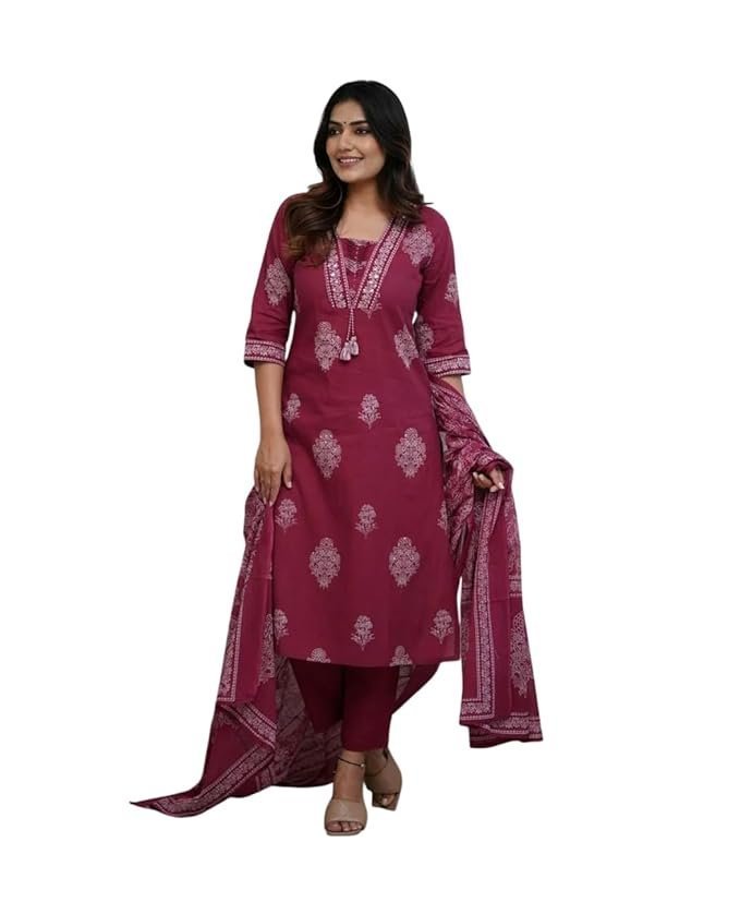 PARTHVI|Women's Pure Cotton Printed with Handwork Kurta with Pants and Dupatta Set | Ethnic Set | Suit Set | Kurta Set | Wedding Suit Set Maroon