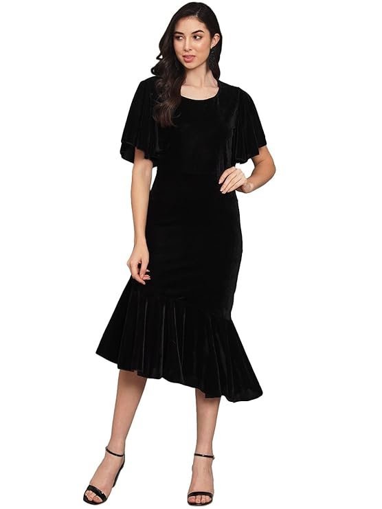 Vaararo Bodycon Party Dress for Women Ruffles Sleeves | Shiny Velvet Fabric Fish Cut Ruffle Bottom Detailing Stylish Casual Outfit Black