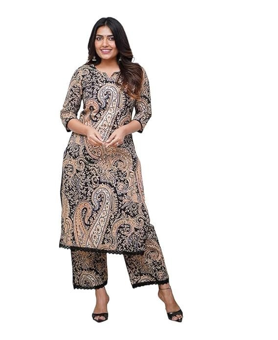 Nermosa Women Viscose Printed Straight Kurta Pant Set Black