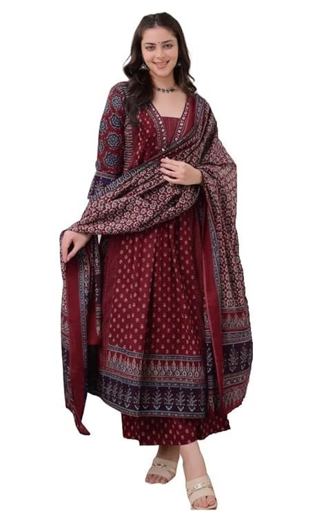 KLOSIA Women's Rayon Printed Anarkali Kurta and Pant with Dupatta Set Maroon