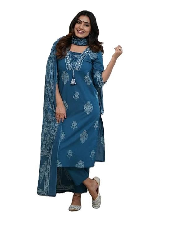 PARTHVI|Women's Pure Cotton Printed with Handwork Kurta with Pants and Dupatta Set | Ethnic Set | Suit Set | Kurta Set | Wedding Suit Set Blue