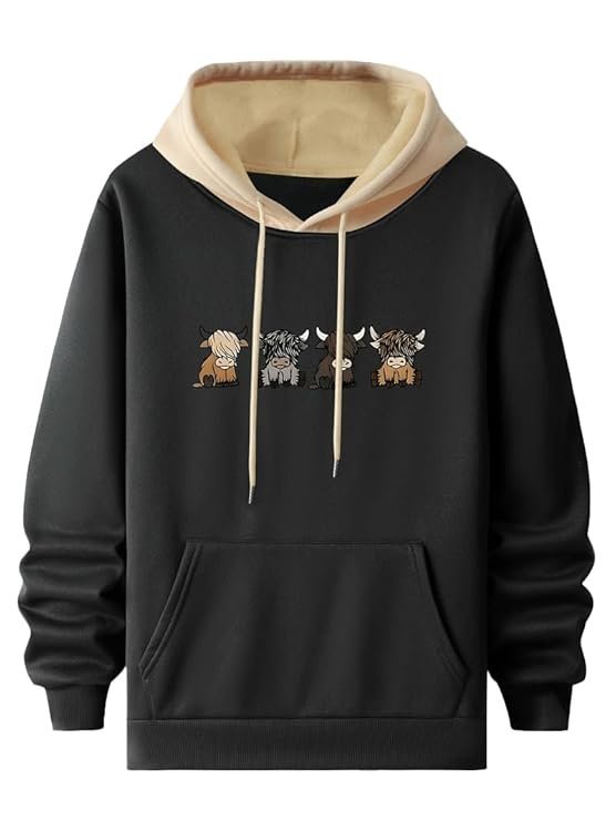 TAGDO Men's Casual Woolen Hoodie with Cartoon Print (2044) Black