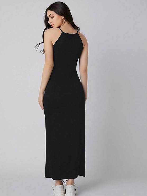 Aahwan Solid Halter Neck Solid Bodycon Midi Dress for Women's & Girl's Black - Image 2