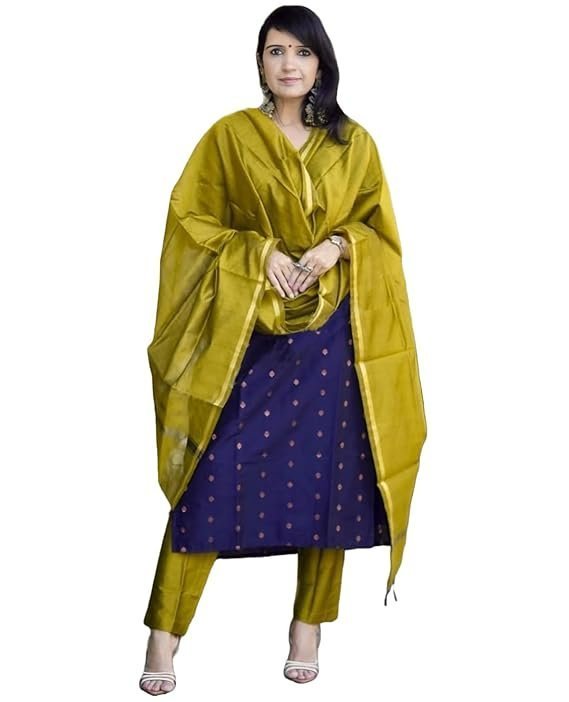 GoSriKi Women's 3 Piece Kurta Pant Dupatta Set | Silk Cotton Kurta Sets for Woman | Kurti Set for Woman | Elegant Suit Set for Women Cotton | Women Kurta Sets with Dupatta Cotton Blue