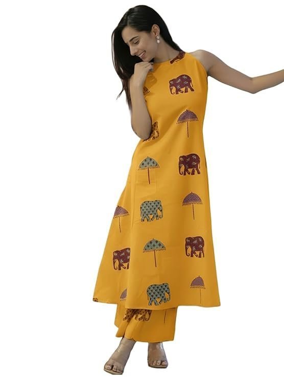 ANNI DESIGNER Women's Ethnic Co-Ord Set | Kurta Pant Set | Kurta Palazzo Set | Stylish Cotton Suit Set for Women, Festival Co-ord Set Yellow