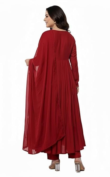 KLOSIA Women Embroidery Solid Anarkali Kurta and Pant Set with Dupatta Red - Image 3