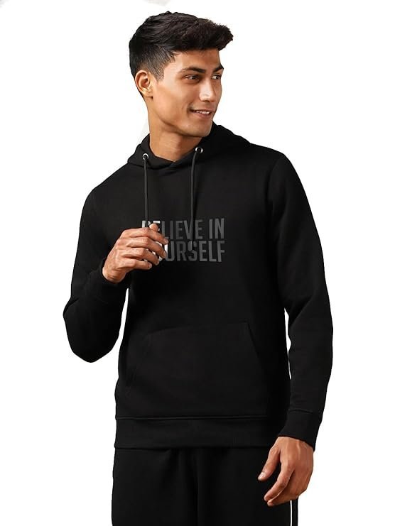 NOBERO Printed Hoodies for Man | 280 GSM Rich Cotton Fleece Hooded Full Sleeve Sweatshirt for Man | Stylish Casual Wear Winter Hoodies for Men Black