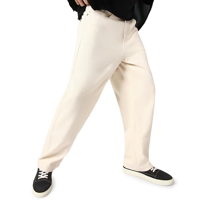 Urbano Fashion Men's Loose Mid Rise Baggy Fit Washed Jeans Non-Stretchable Off White