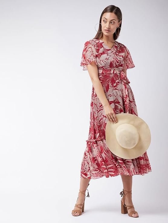 SMOWKLY Women's Georgette Floral Printed Indo-Western Ethnic Gown || Half Sleeve V Neck Fit & Flare Flared Hem Design || A-Line Maxi Dress Casual Wear Red