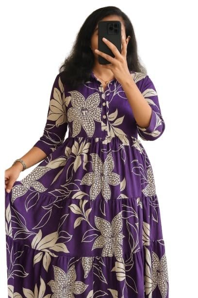 ROYALICA Women's Pure Cotton Maxi Midi Dress Western Dress for Women Elegant Floral Printed Long Dresses | Soft & Breathable Fabric | Casual Trending Dress for Women Purple