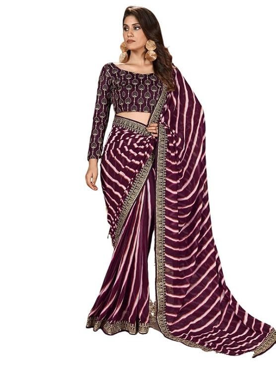 SIRIL Women's Bandhani Printed Embroidery Lace Georgette Saree with Unstitched Blouse Piece Wine