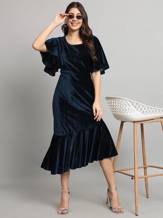 Vaararo Bodycon Party Dress for Women Ruffles Sleeves | Shiny Velvet Fabric Fish Cut Ruffle Bottom Detailing Stylish Casual Outfit Peacock Blue