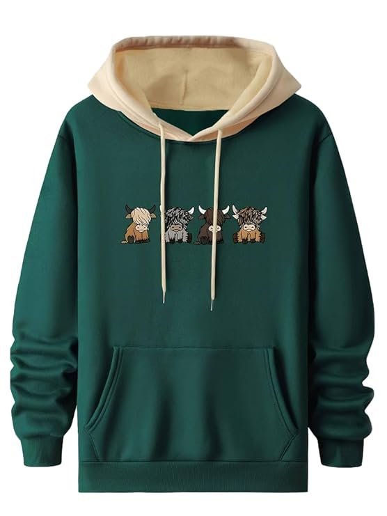 TAGDO Men's Casual Woolen Hoodie with Cartoon Print (2044) Green