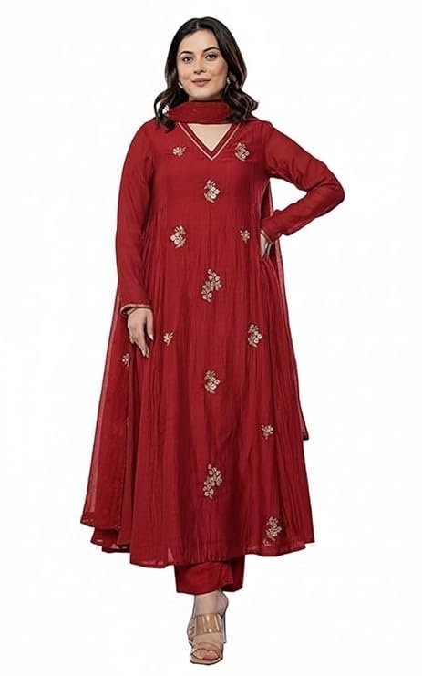 KLOSIA Women Embroidery Solid Anarkali Kurta and Pant Set with Dupatta Red