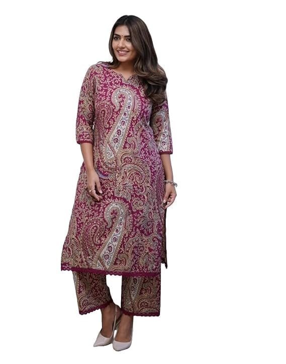 Nermosa Women Viscose Printed Straight Kurta Pant Set Maroon