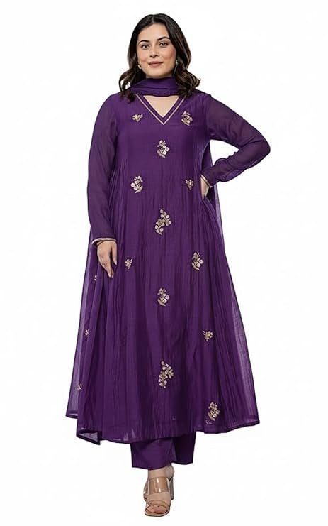 KLOSIA Women Embroidery Solid Anarkali Kurta and Pant Set with Dupatta Purple