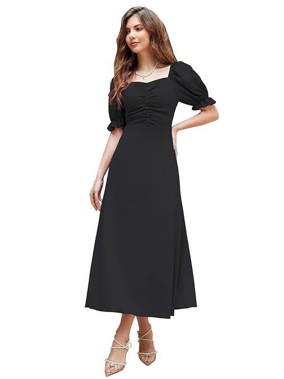 Shasmi Girl's & Women's Solid A-Line Ruched Puff Sleeve Maxi Long Evening One Piece Long Dress for Women Stylish (Dress 131) Black
