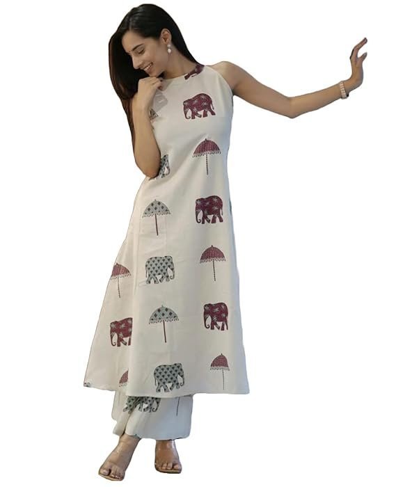 ANNI DESIGNER Women's Ethnic Co-Ord Set | Kurta Pant Set | Kurta Palazzo Set | Stylish Cotton Suit Set for Women, Festival Co-ord Set White
