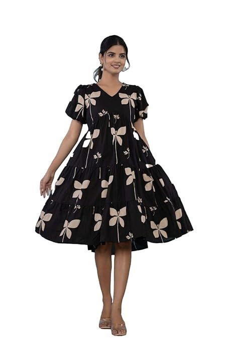 ROYALICA Women's Pure Cotton Maxi Midi Dress Western Dress for Women Elegant Floral Printed Long Dresses | Soft & Breathable Fabric | Casual Trending Dress for Women Black
