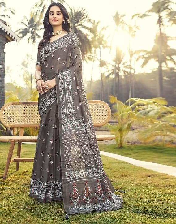 SIRIL Women's Cotton Printed Ready To Wear Saree With Unstitched Blouse Piece Grey