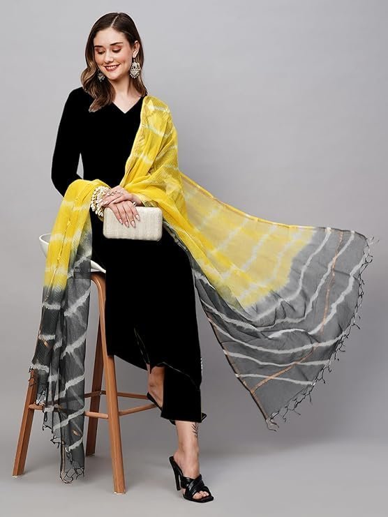 ANNI Designer Women's Rayon Viscose Straight Solid Kurta with Pant & Dupatta Black & Yellow - Image 3