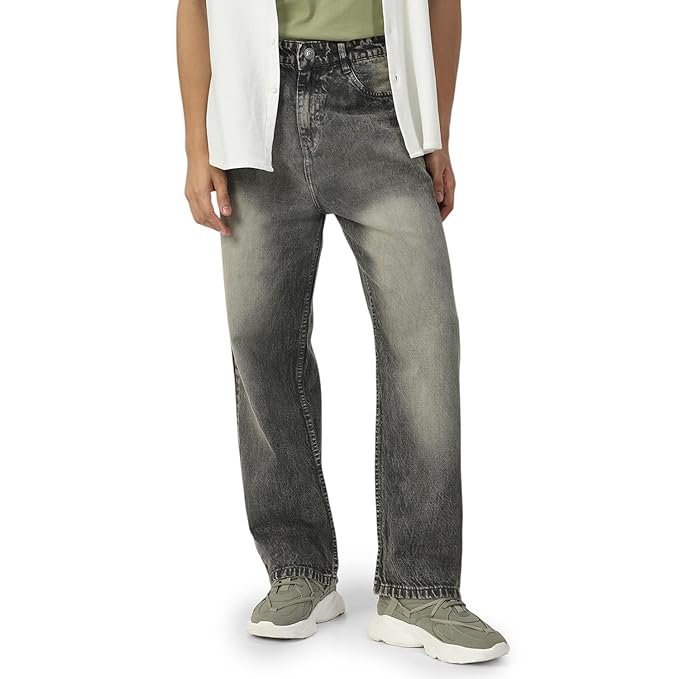Urbano Fashion Men's Loose Mid Rise Baggy Fit Washed Jeans Non-Stretchable Grey