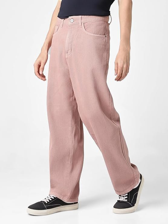 Urbano Fashion Men's Loose Mid Rise Baggy Fit Washed Jeans Non-Stretchable Dark Pink - Image 2