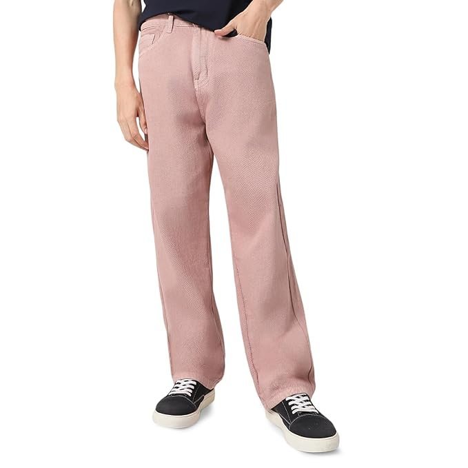 Urbano Fashion Men's Loose Mid Rise Baggy Fit Washed Jeans Non-Stretchable Dark Pink