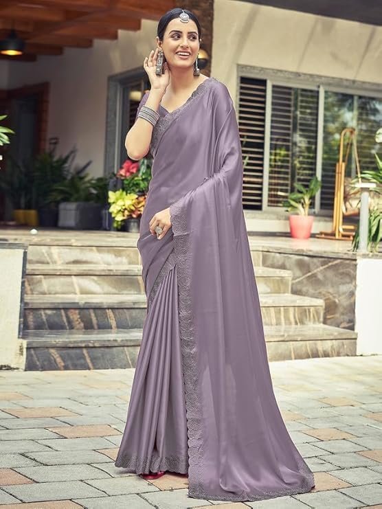 Satrani Women's Satin Silk Hot Fixing Saree with Unstitched Blouse Piece Light Purple - Image 3