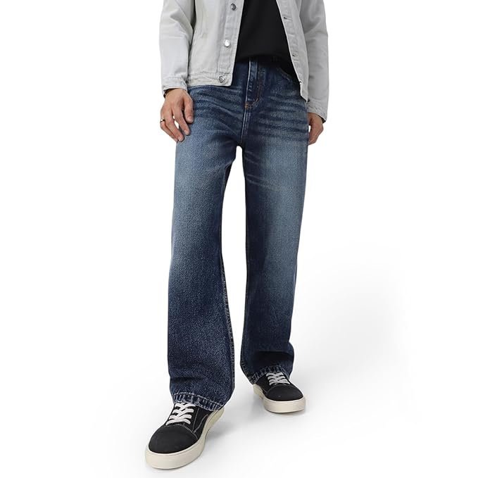 Urbano Fashion Men's Loose Mid Rise Baggy Fit Washed Jeans Non-Stretchable Dark Blue