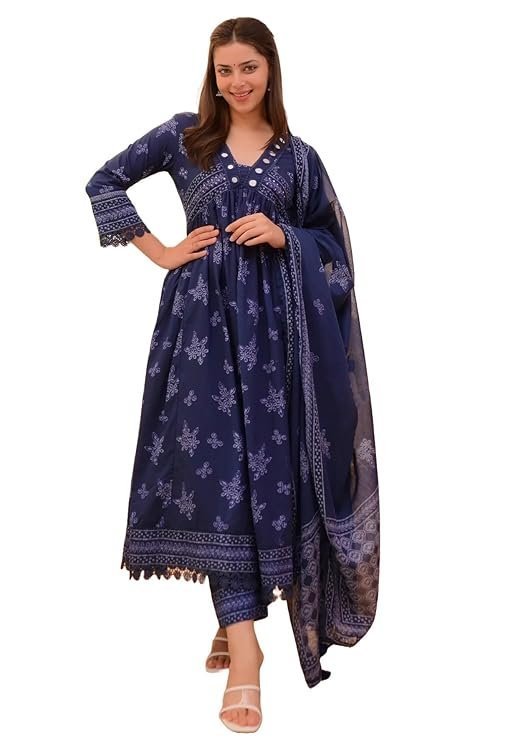 Nermosa Women Printed Anarkali Kurta and Pant Set with Dupatta Blue