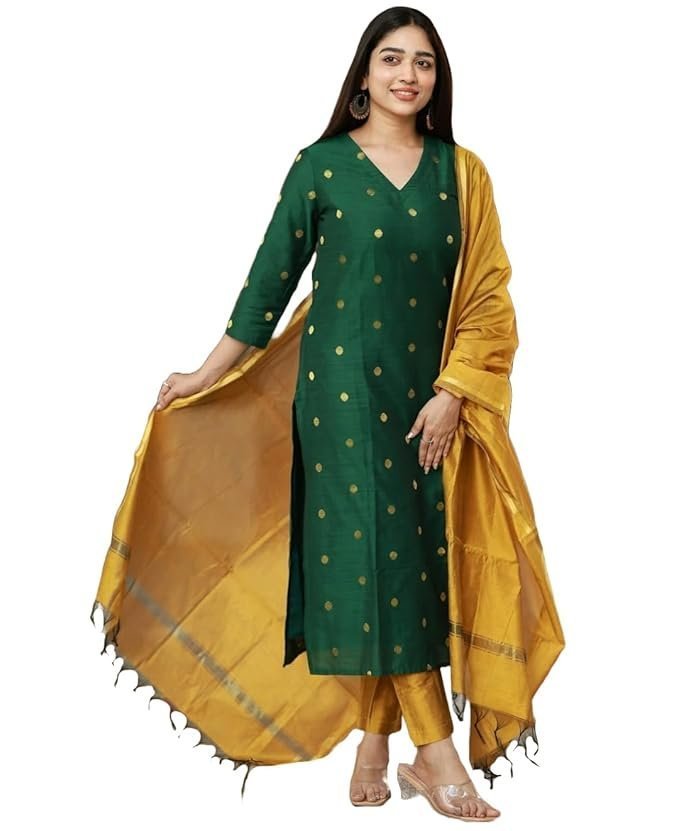 GoSriKi Women's 3 Piece Kurta Pant Dupatta Set | Silk Cotton Kurta Sets for Woman | Kurti Set for Woman | Elegant Suit Set for Women Cotton | Women Kurta Sets with Dupatta Cotton Green