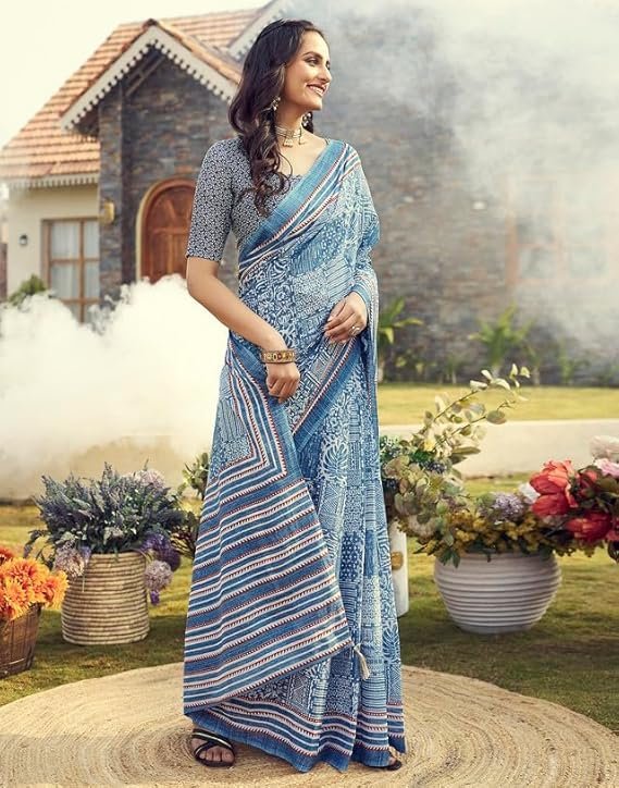 SIRIL Women's Cotton Printed Ready To Wear Saree With Unstitched Blouse Piece Light Blue