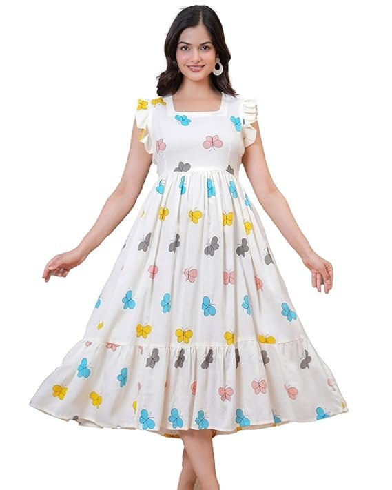 ROYALICA Women's Pure Cotton Maxi Midi Dress Western Dress for Women Elegant Floral Printed Long Dresses | Soft & Breathable Fabric | Casual Trending Dress for Women Mix White