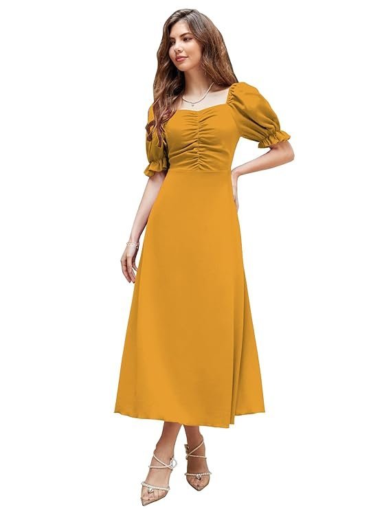 Shasmi Girl's & Women's Solid A-Line Ruched Puff Sleeve Maxi Long Evening One Piece Long Dress for Women Stylish (Dress 131) Mustard