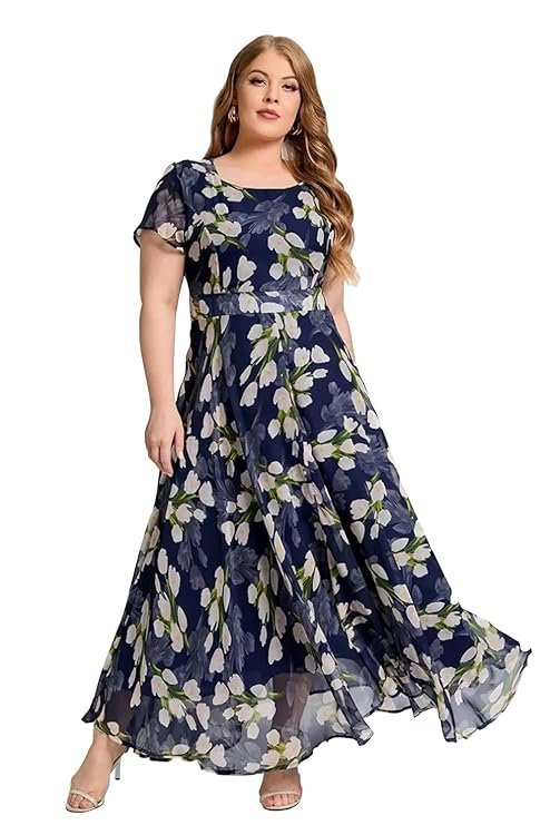 Shasmi Women's Navy Blue Georgette Digital Floral Printed Floral Printing Short Sleeve A-Line Maxi Gown Dress for Women (Gown Dress 248) Navy Blue